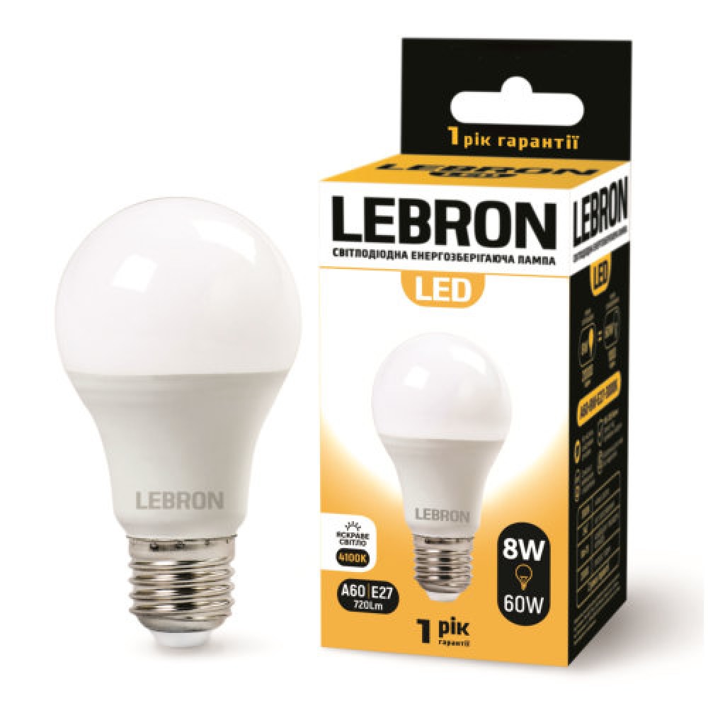 Світлодіодна лампа Lebron L-A60, 8W, Е27, 4100K, 700LM, Кут 240°