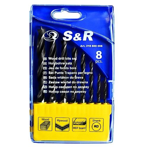 Набiр свердeл по дереву S&R, HSS з подвійною спіраллю, 8шт.: 3, 4, 5, 6, 7, 8, 9, 10 мм, у пластик.кейсі