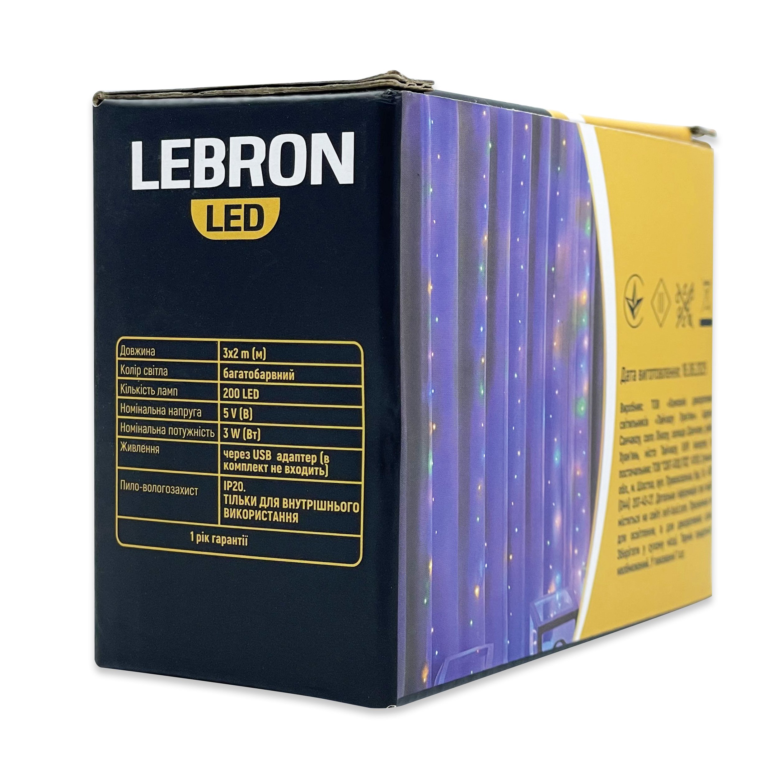 LED гірлянда LEBRON штора 3х2м, краплі роси, 200LED, біла, USB, пульт ДК, IP20