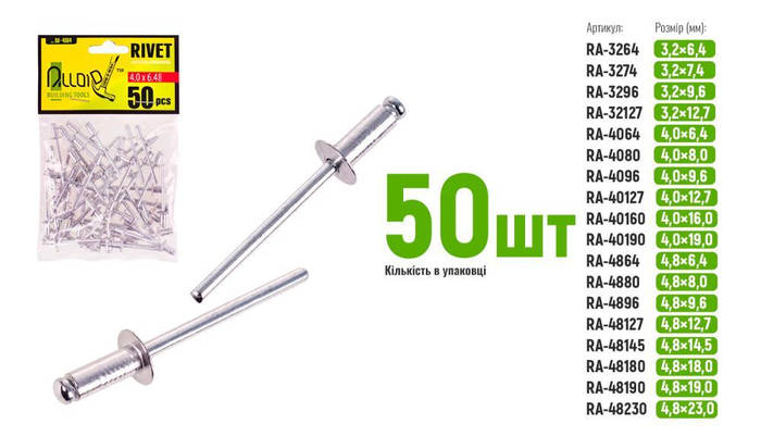 заклепки алюм. 4.0x 8мм 50шт.Alloid