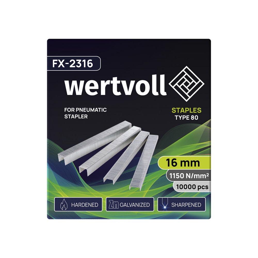 Скоби загартовані Wertvoll FX-2316 для пневмостеплера тип 80 16мм/12.8х0.95мм 10000шт — фото 2