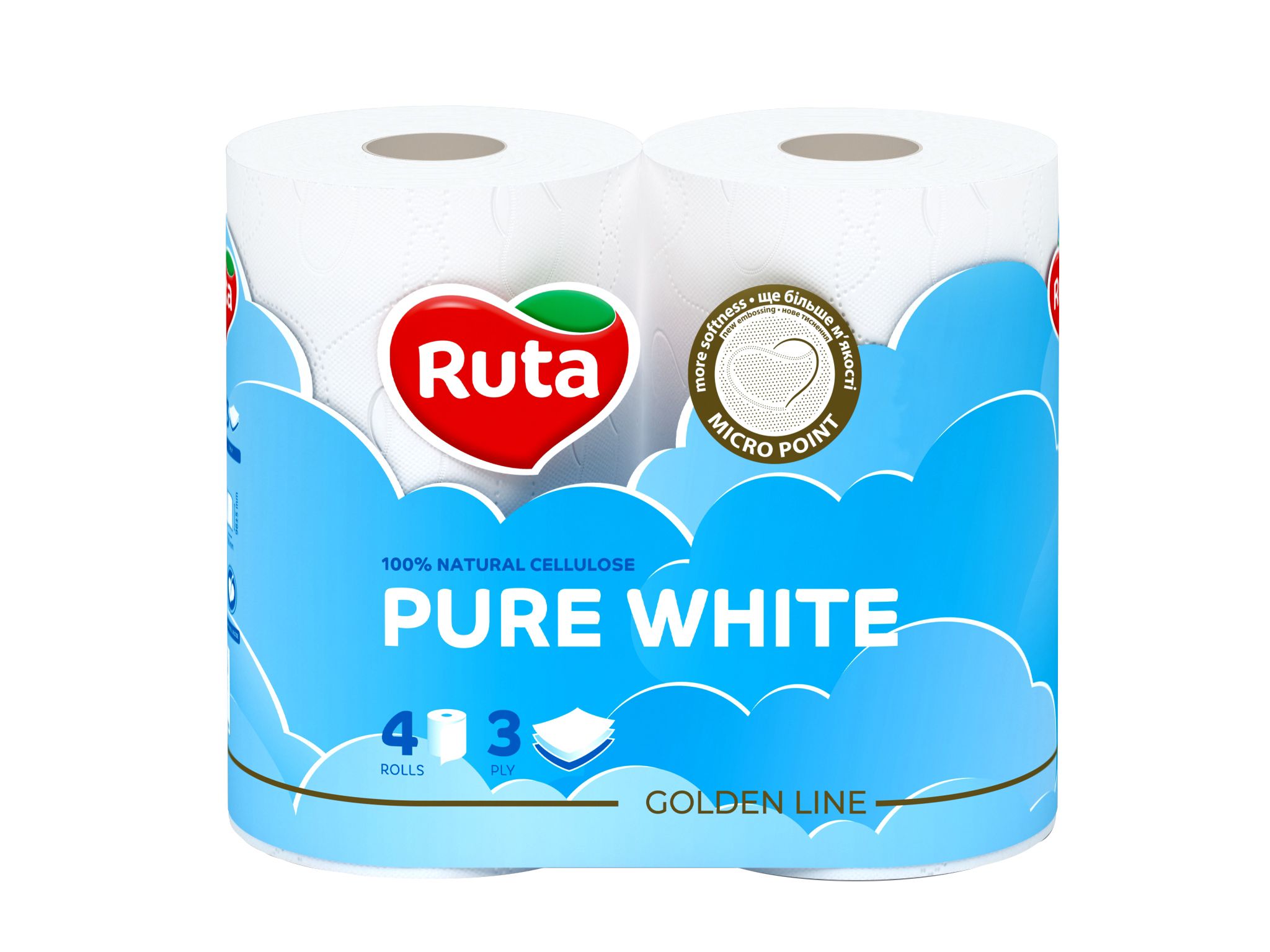 Туалетний папір Рута Pure white, 3-х шар, 4 шт, білий