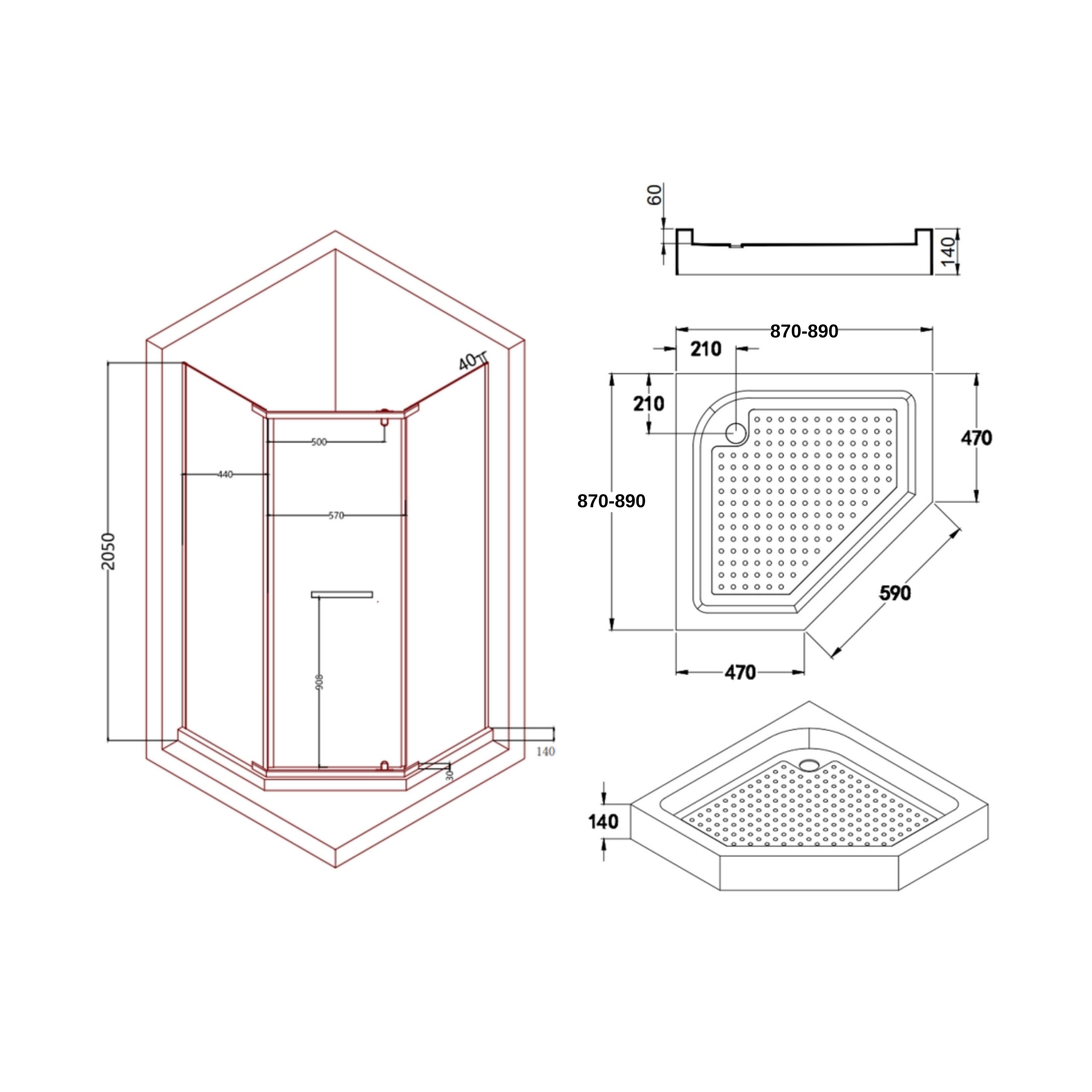 Душова кабіна Dozorca SC90x90.CRM.LOW.TR, п'ятикутна, низький піддон, скло прозоре 6 мм, на завісах Lidz — фото 3