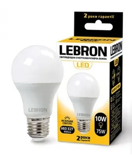 Світлодіодна лампа Lebron L-A60, 10W, Е27, 4100K, 850LM, Кут 240°