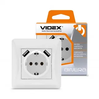 Розетка одинарна із заземленням Videx Binera з 2 USB біла
