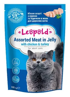 Корм для котів Леопольд 100г асорті курка+індичка желе