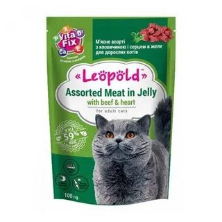 Корм для котів Леопольд 100г асорті яловичина+серце желе