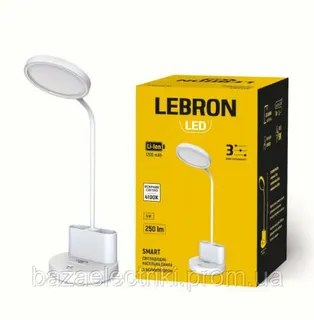 LED лампа настільна з кліпсою LEBRON L-TL-L-Clip-46, 5W, 4100K, Li-ion 1200mAh, біла, USB